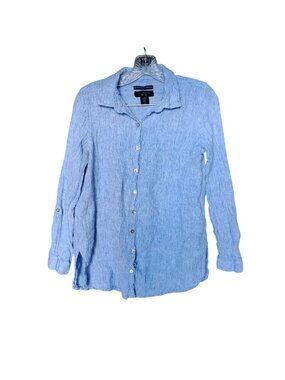 TAHARI Womens M Blue Button-Up 100% Linen Long-Sleeve Roll Tab Shirt